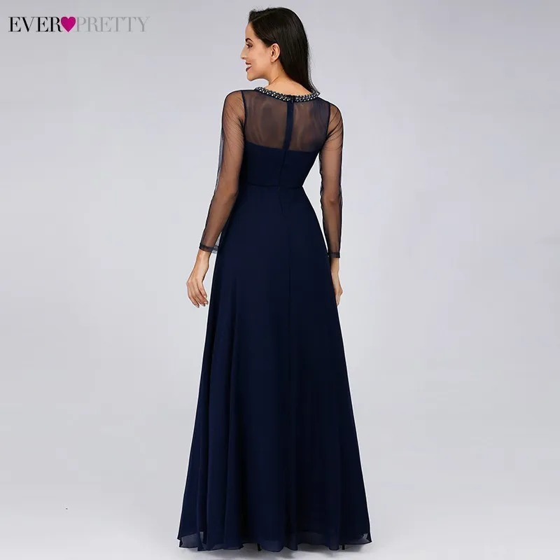 Темно синие длинные платья подружек невесты Ever Pretty A Line с длинным рукавом