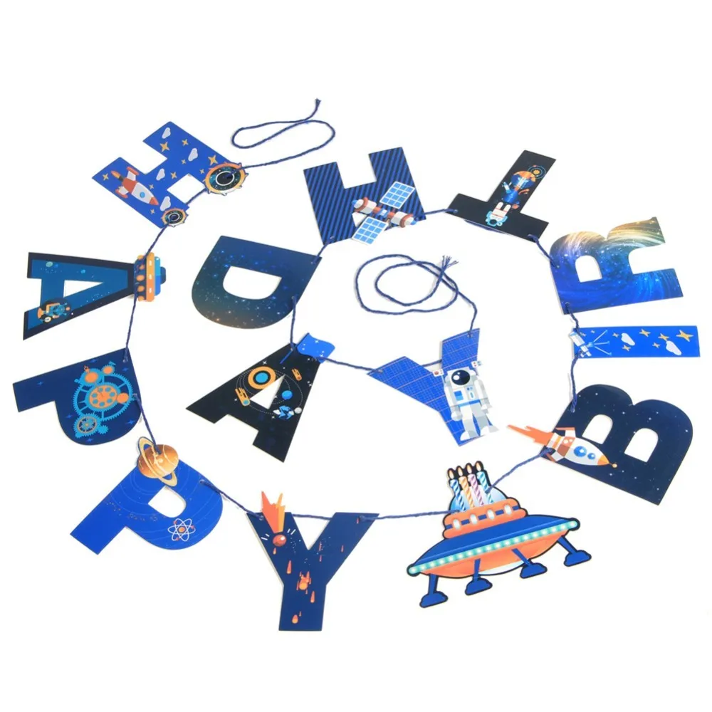 Space Theme Kids Birthday Decorations With Happy Banner Hanging Swirls Cake Topper Planet Pattern Children Home Decor | Дом и сад