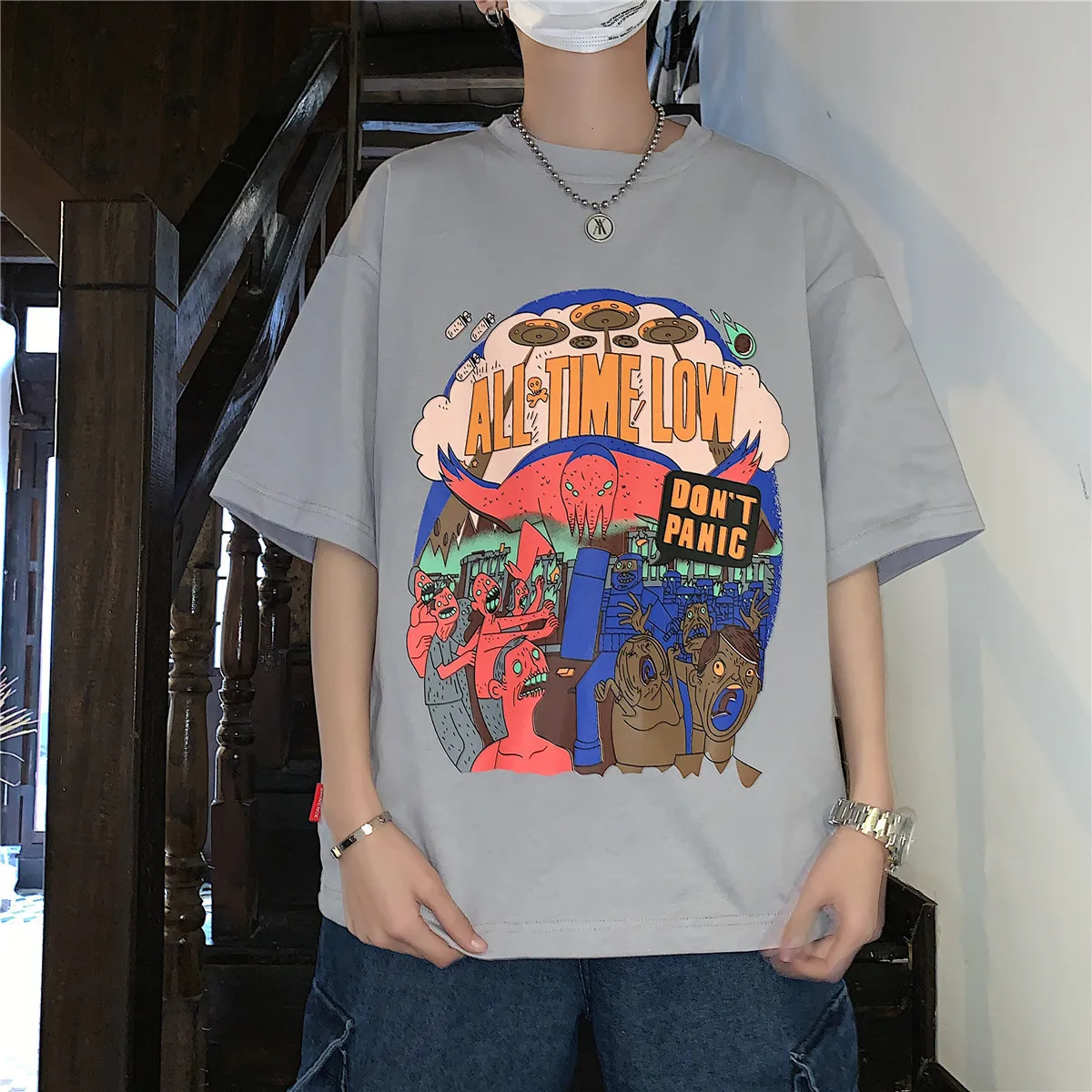 Мужская свободная хлопковая одежда с коротким рукавом и принтом из мультфильма