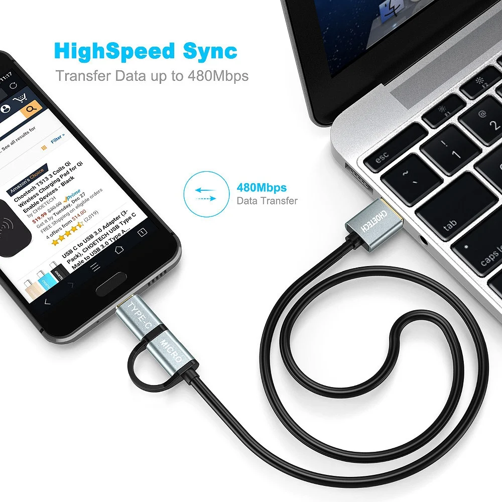 CHOETECH 2 в 1 с эффектом приближения C зарядкой Micro Usb Тип кабель (прямой) микро