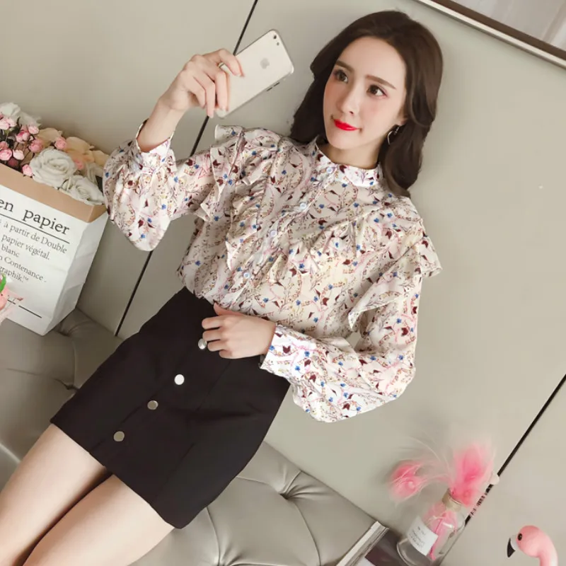

2019 fashion spring chiffon blouse print women shirts long sleeve causal floral womens tops and blouses feminine blusa 1941 50