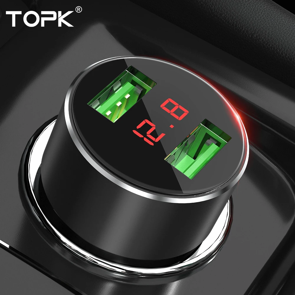Автомобильное зарядное устройство TOPK с цифровым дисплеем двумя USB портами