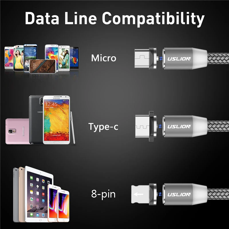Магнитный кабель USLION Micro usb type C для быстрой зарядки зарядное устройство iPhone samsung