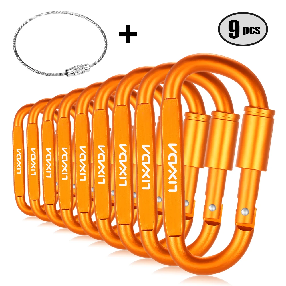 

Lixada 9 Pack Aluminum Alloy D-ring Locking Carabiner Clip Set Screw Lock Hanging Hook Buckle Keychain with Steel Wire Ring