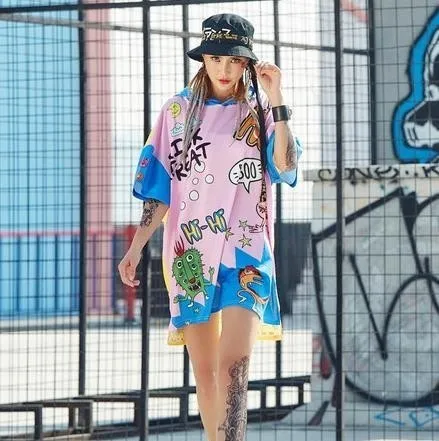 Vefadisa Graffiti Printing Hooded Dress Women Short Sleeve Drop-Shoulder T-Shirt Irregular Mini Split Tops ZLD785 | Женская одежда