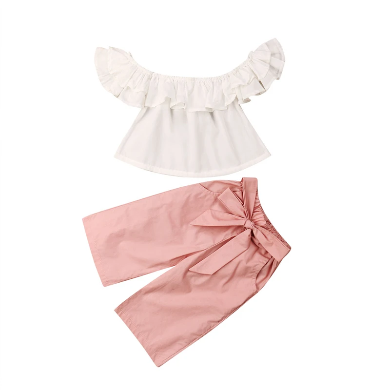 2Pcs Toddler Kids Baby Girl Princess Off Shoulder Crop Top Pants Outfits Clothes Cute Set Suit Fashion Casual Summer Sleeveless | Детская