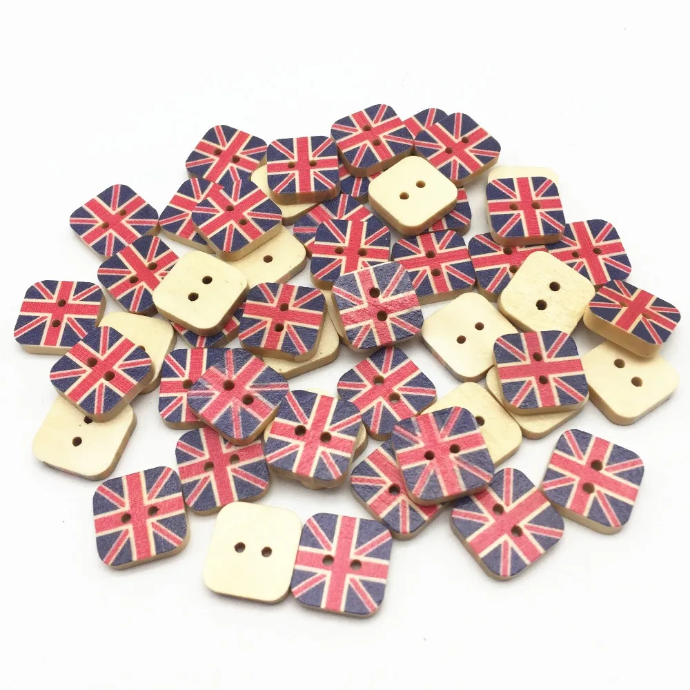 

50pcs 15mm Natural Wood Square Buttons UK Flags Painted Embellishments Scrapbooking Cardmaking Sewing 2 Holes BUTTON