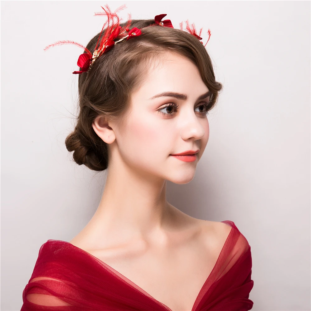 Fashion Korean Headband Artificial Red Feather Headpiece Fabric Flower Headdress for Wedding Bridal Princess Headwear Ornaments | Украшения