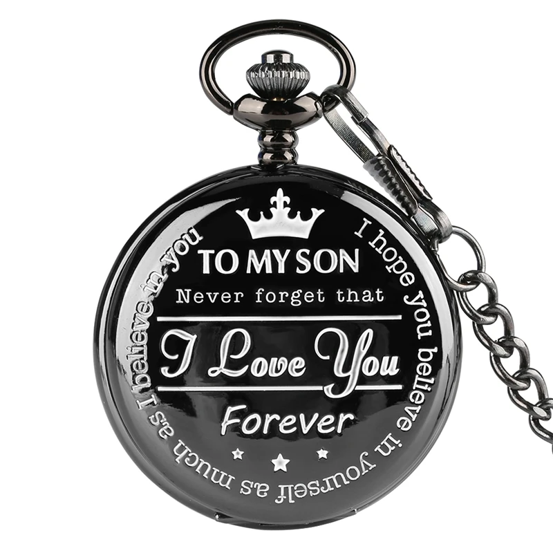 

"To MY SON" Laser Word Black Gold Retro Pocket Watch Men Unique Quartz Clock Chain Boy Birthday Christmas Gift for Kids Boy Men