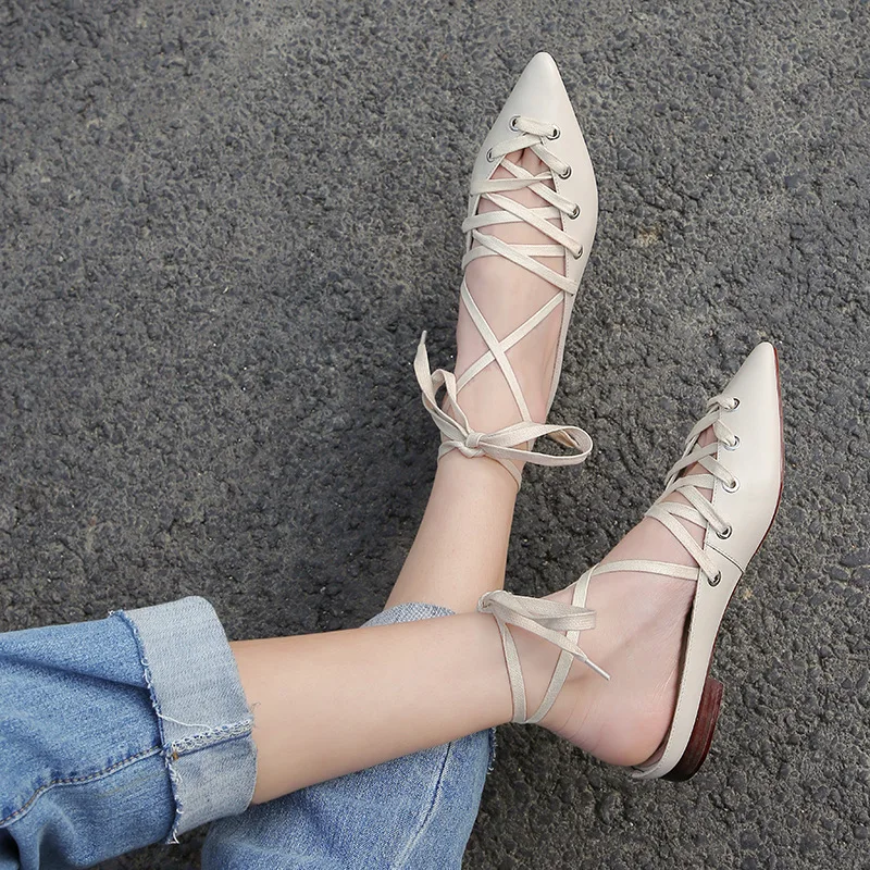 Online Moraima Snc New Fashion Youth Trend 2019 Desain Sepatu Tunggal Musim Semi Musim Panas Fashion Pointed Toe Lace-Up Girls Hitam/Beige
