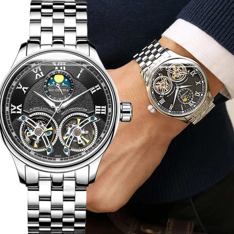 Двойной турбийон Moon Phase часы автоматические механические из нержавеющей стали