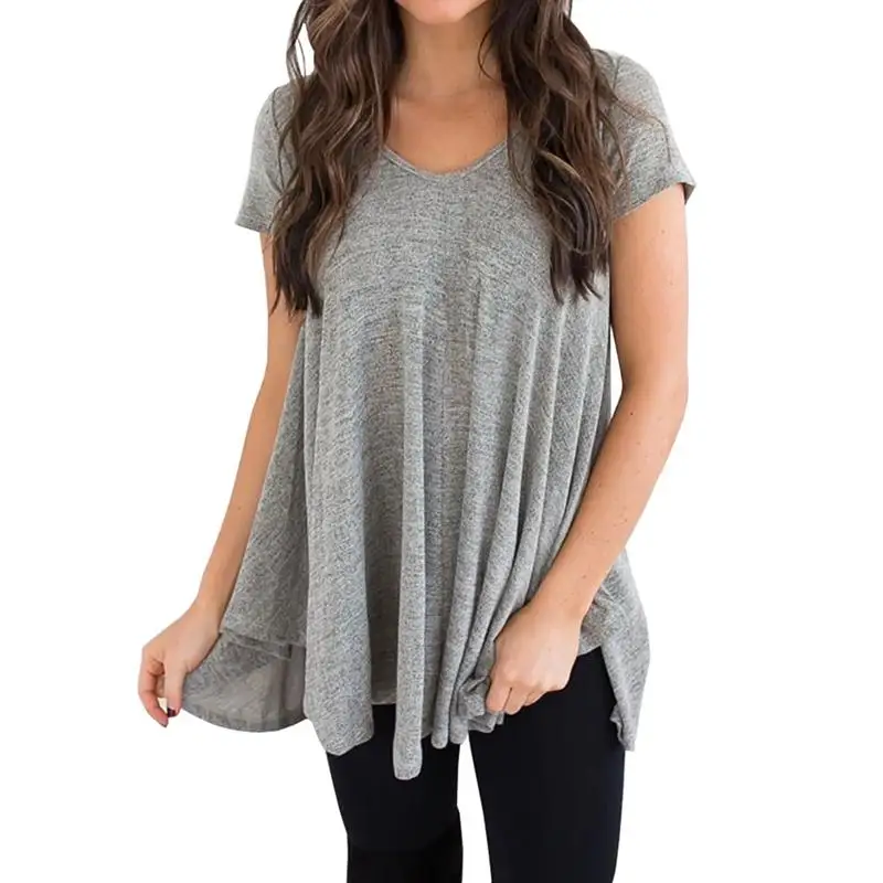 2018 New Summer Europe and America Casual Women Solid Color V-Neck Irregular T-Shirts Female Short Sleeve Pullover Tees | Женская одежда