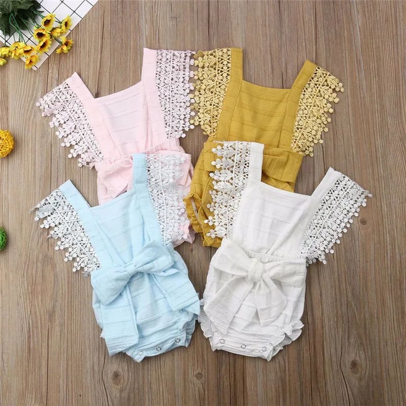 

Summer Newborn Baby GirlS Sleeveless Romper Lace Patchwork Bowknot Jumpsuit Baby Girls Romper Cotton Beach Holiday Clothes 0-18M