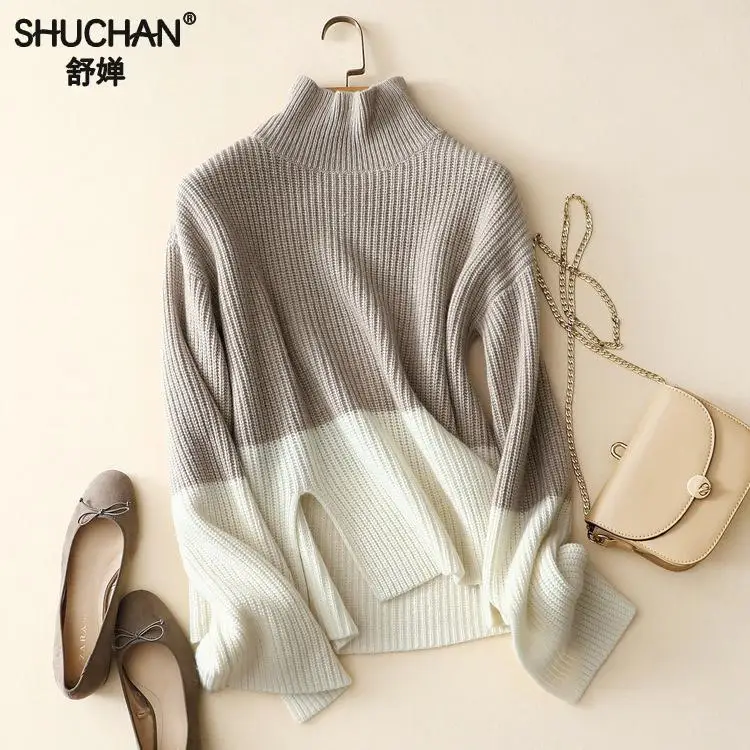 SHUCHAN Sweater For Women 100% Cashmere Patchwork Turtleneck Winter Warm Women's Female 2017 17568 | Женская одежда
