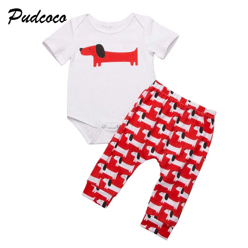 2019 Brand 2PCS Newborn Kids Baby Boy Girl Clothes Outfit Cute Dog Print Bodysuit+Pants Babygrows Set New Summer Cotton 0-24M | Детская