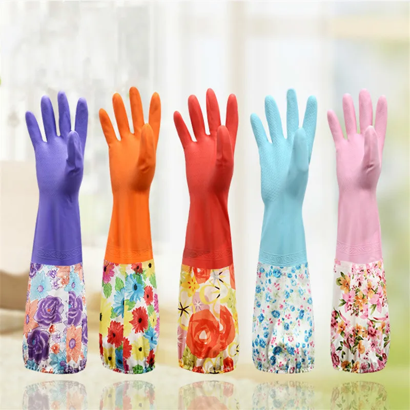 1 Pair Kitchen Elastic Band Long Sleeves Cleaning Gloves with Velvet Warm Household Waterproof Dishwashing | Дом и сад