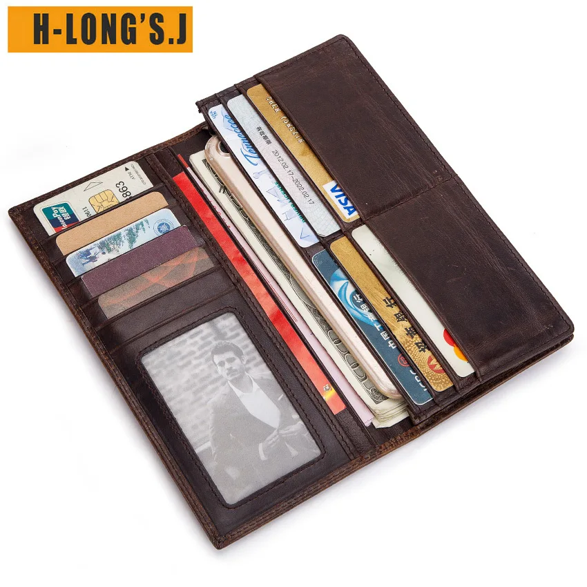 

H-Long'S.J 100% Genuine Leather Rfid Wallet Men Portomonee Pocket Coin Purse Long Male Money Bag Quality Fashion Card Holder