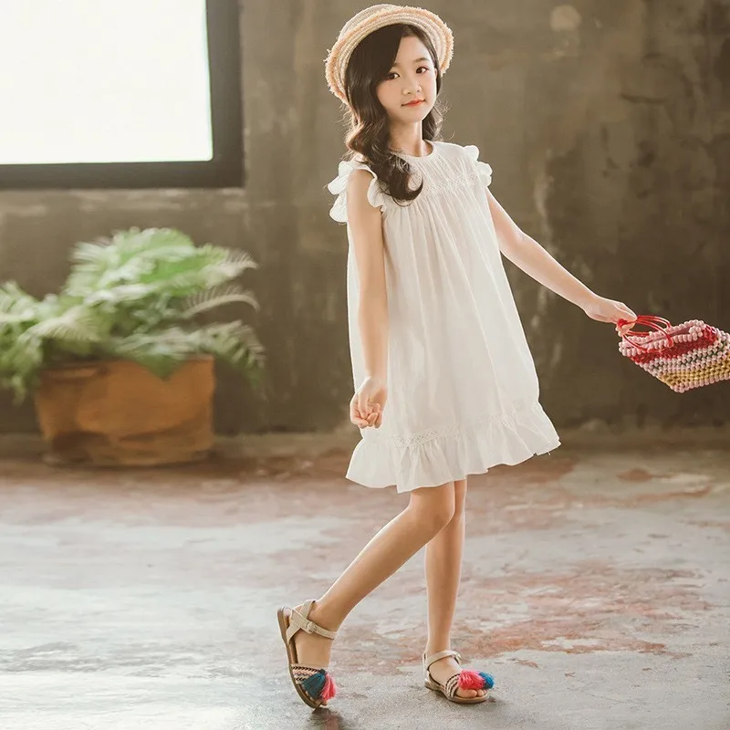 Teenage Kids Dresses For Girls Summer White Pink Party Toddler Girl Dress 2019 New Cotton Linen Holiday Children Clothing | Детская