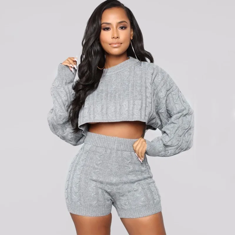 Santune Gray Women Lady Clubwear Long Sleeve 2 Piece Set O Neck Crop Top +short Pant Bodycon Knitted Sexy Suit Pcs | Женская одежда