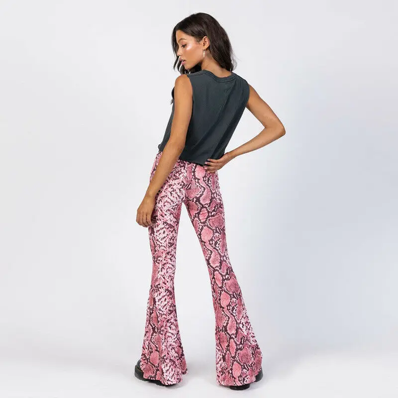 Women Spring 2019 Fashion Snake Skin Print Wide Leg Pants Sexy Party Club Flare Casual Elastic Waist Trousers Pantalones | Женская
