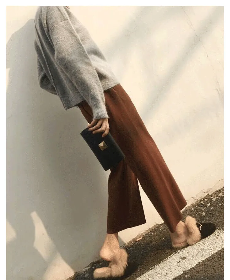 Office Lady Ankle-Length Wool Wide Leg Pants Women Flat High Woolen Autumn Winter Trousers Solid Loose Palazzo | Женская одежда