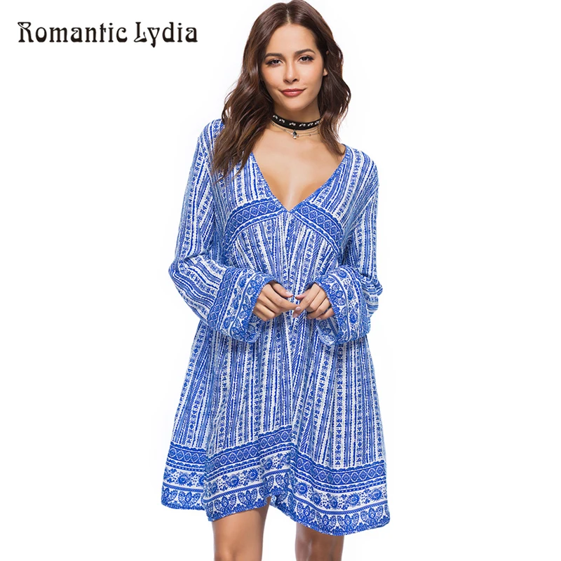 

Summer Loose Boho Dress Beach Chic Tunic Wide Party Ethnic Long Sleeve Deep V Neck Short Dresses Large Size Vestidos