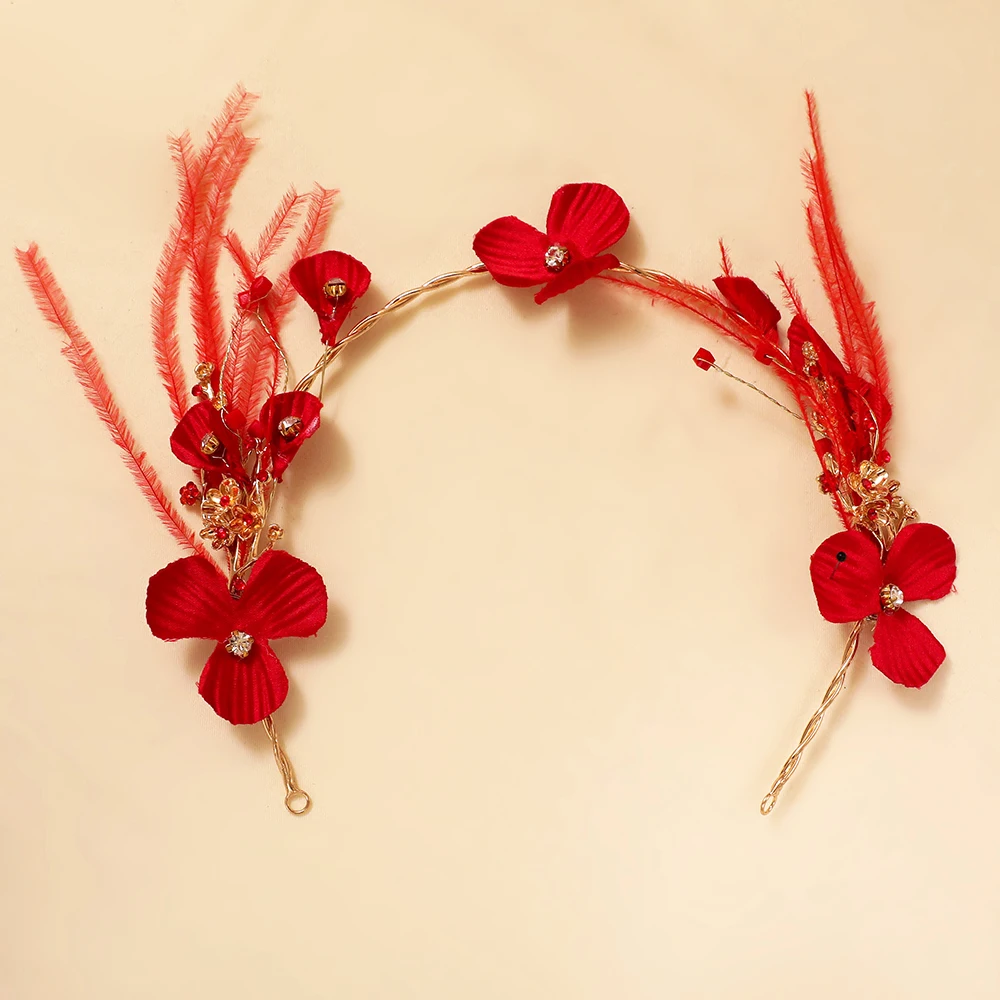 Fashion Korean Headband Artificial Red Feather Headpiece Fabric Flower Headdress for Wedding Bridal Princess Headwear Ornaments | Украшения