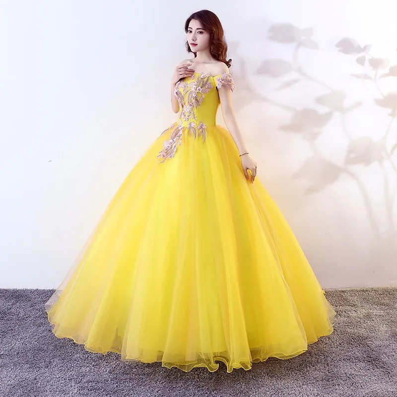 Vestidos De 15 Anos 2019 Дешевое бальное платье с открытыми плечами кружевное желтое