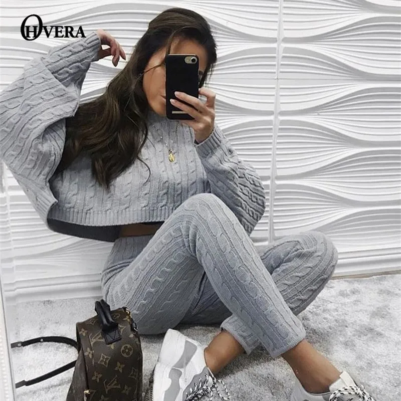 Ohvera вязаный женский комплект 2 шт. с длинным рукавом Топы и длинные брюки низкой