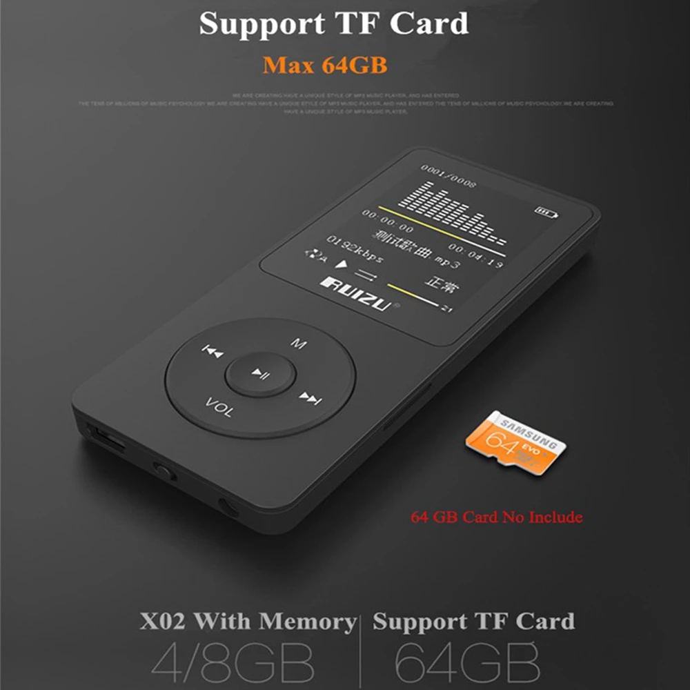 RUIZU X02 Ultrathin MP3 Player With 8GB/16GB Storage 1.8 Inch TFT Color Screen Can Play 80h FM/E-Book/Clock/Voice Recorder | Электроника