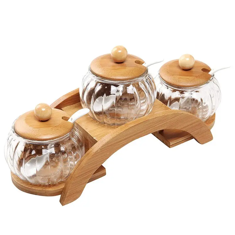 (set of 3) clear glass seasoning jar creative spice box and 2-layer wooden display stand |