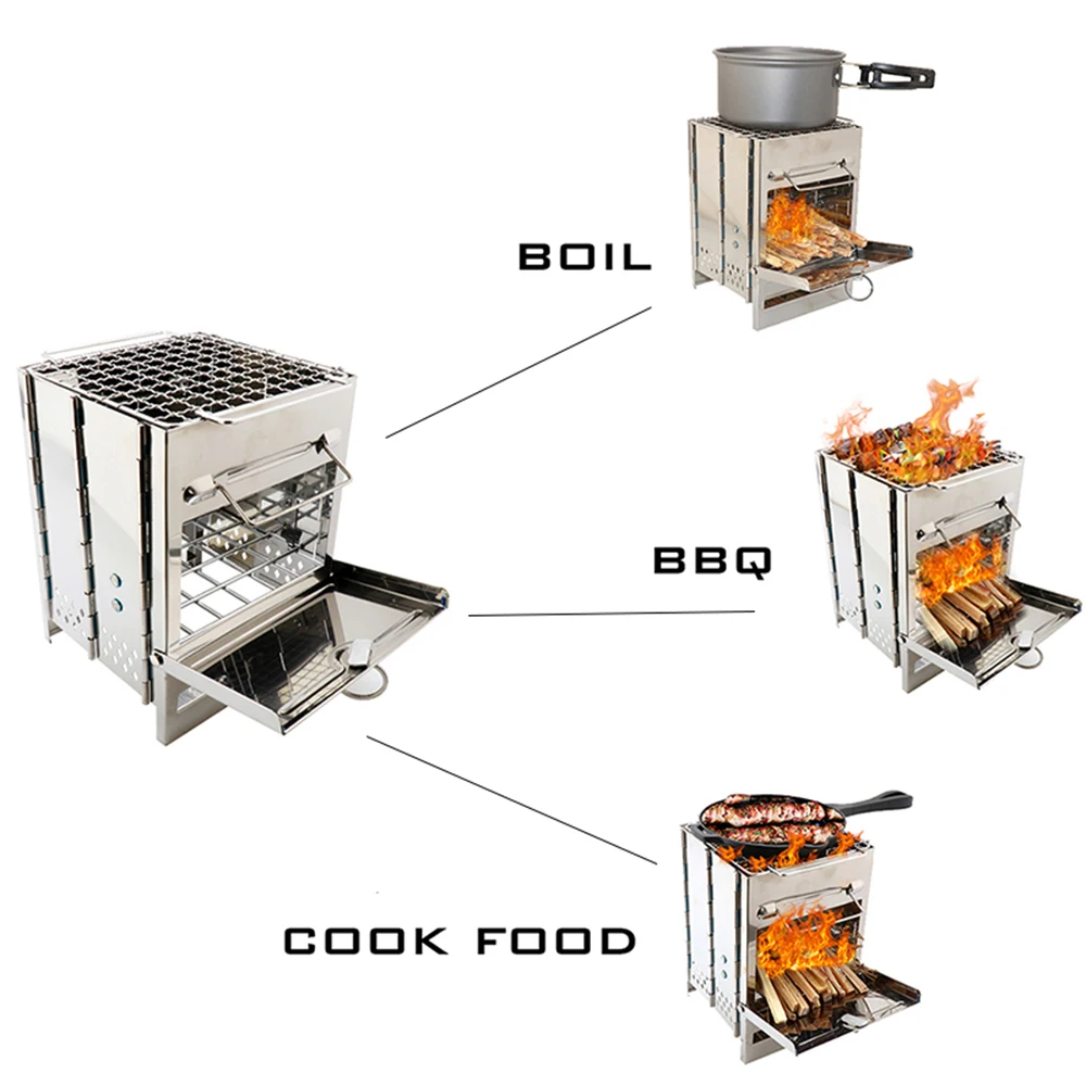 

Outdoor Wood Burning Stove Folding Stainless Steel Backpacking Stove Mini BBQ Grill Rack for Backpacking Hiking Cooking Picnic