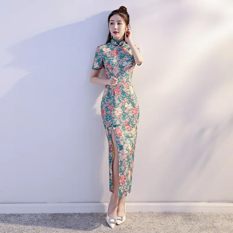 Женское кружевное платье Ципао Qipao длинное китайское приталенное с высоким