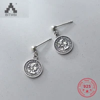 korea hot style 925 sterling silver simple retro vintage elizabeth round plate earring jewelry for women