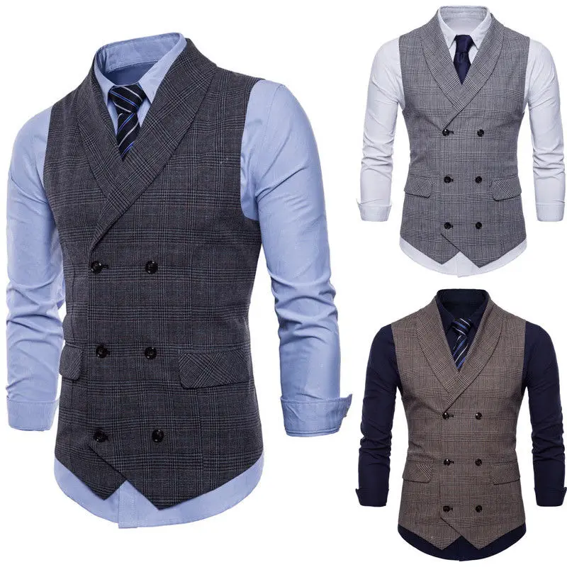 Men Formal Suit Vest Sleeveless Waistcoat Slim Plaid Business Wedding Classic Tuxedo Outwear Social Blazer Hot