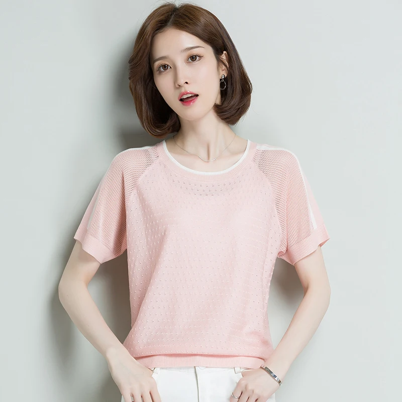 short sleeve top hollow out knit women sweater Pullovers o neck summer Basic Women Sweaters Korean Style Slim Fit Black | Женская одежда