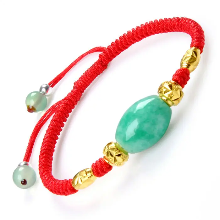 

Pure 24K Yellow Gold Bracelet Women Weave With Jade + Gold Bead 6.7