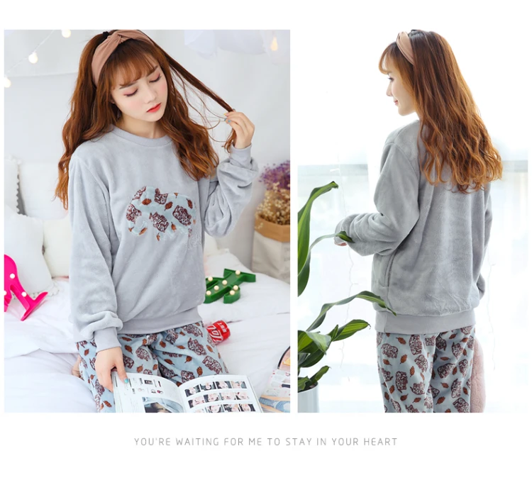 Autumn Winter Women Flannel Long Sleeve Pyjamas Sets Thick Warm Coral Velvet Pajamas Suit Female Cartoon Gray Elephant Sleepwear | Женская