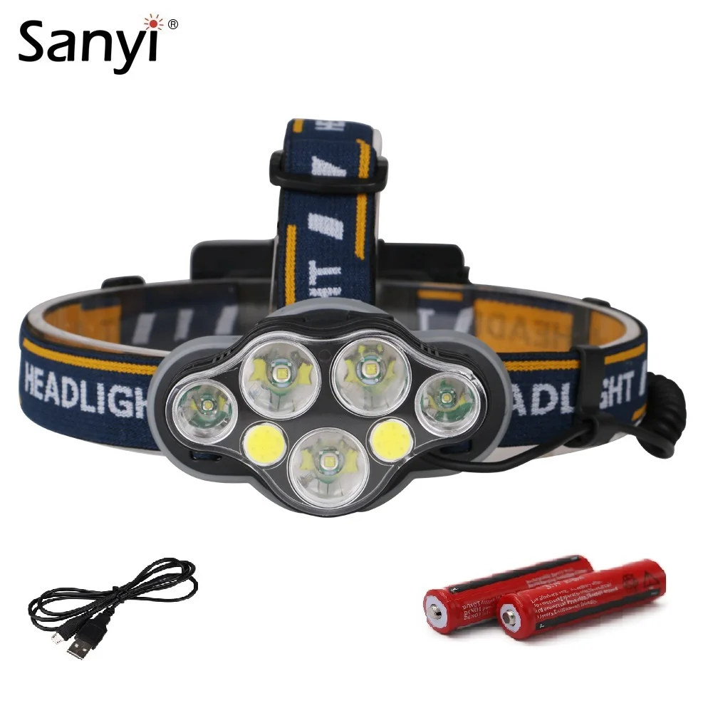 

Фонарь налобный аккумуляторный, 3 * T6 + 2 * XPE + 2 * COB, 8 режимов