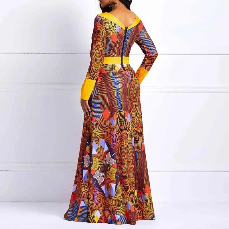 Maxi Dress Women Brown Geometric Print Stylish Elegant Swing Robe Female Elastic High Waist Backless Party Autumn Long Dresses | Женская