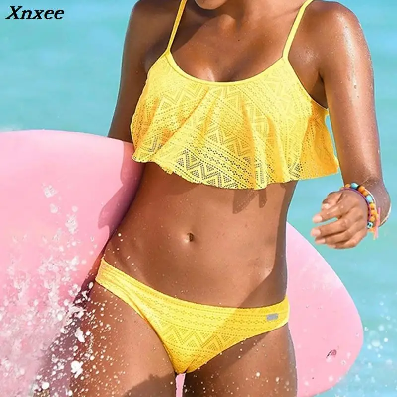 

Push Up New 2020 Simple Solid Color Set Sexy Low Waist Beach Women Lace Up Flounce Summer Brazilian Xnxee