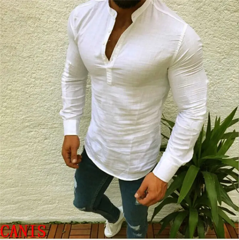 Men's Slim Fit V Neck Long Sleeve Muscle Tee T-shirt Casual Cotton Linen Tops T-shirts Men Clothes Fashion | Мужская одежда