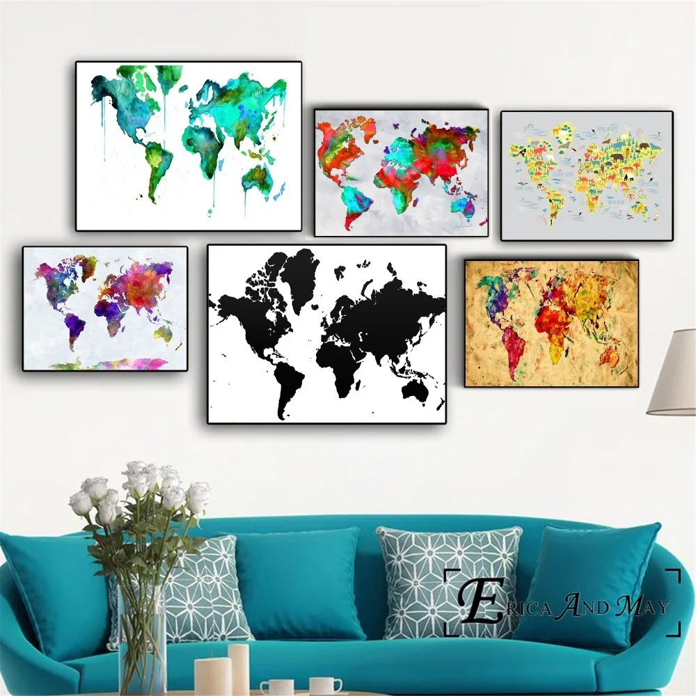 

World Map Watercolor Vintage Poster Prints Oil Painting On Canvas Wall Art Murals Pictures For Living Room Decoration No Framed