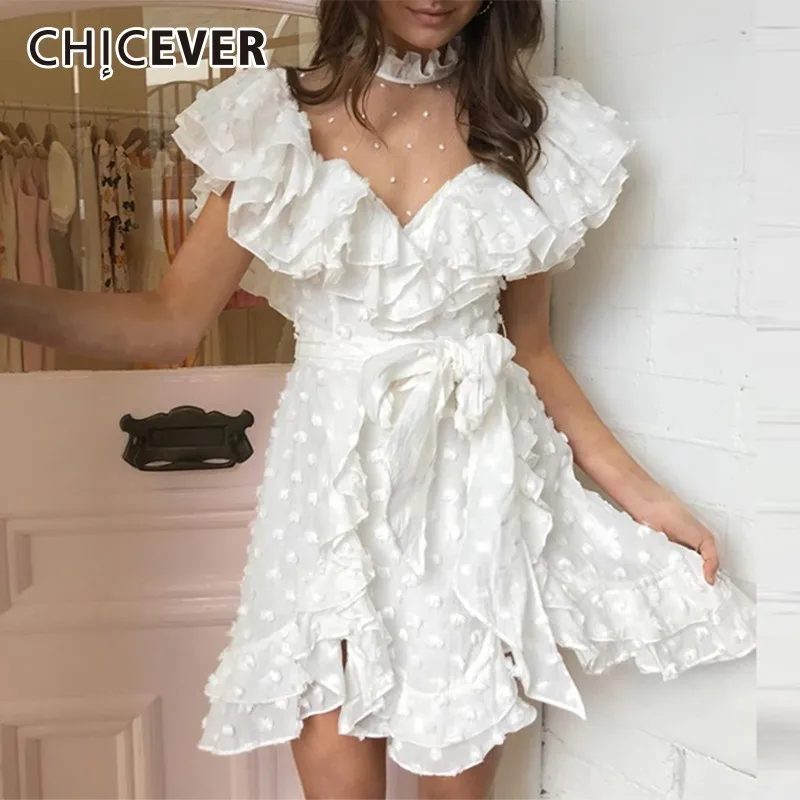 CHICEVER Элегантный Dot печати Мини платье для женщин Стенд воротник рюшами рукавом