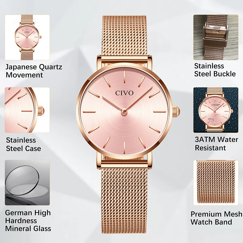 CIVO Elegant Ultra Thin Ladies Watches Women Waterproof Rose Gold Simple Steel Mesh Quartz Bracelet Watch Clock Relogio Feminino | Наручные