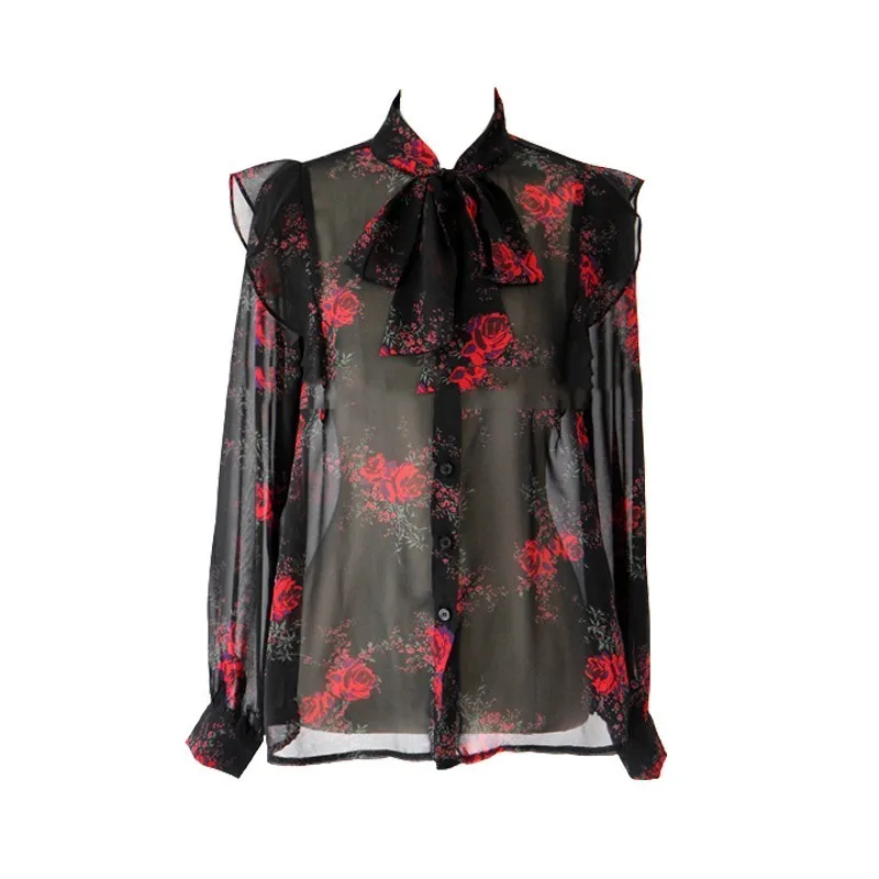 

Korean Fashion Women Blouse 2019 Spring Summer Bowtie Neck Long Sleeve Floral Print Perspective Sexy Ladies Chiffon Blouse