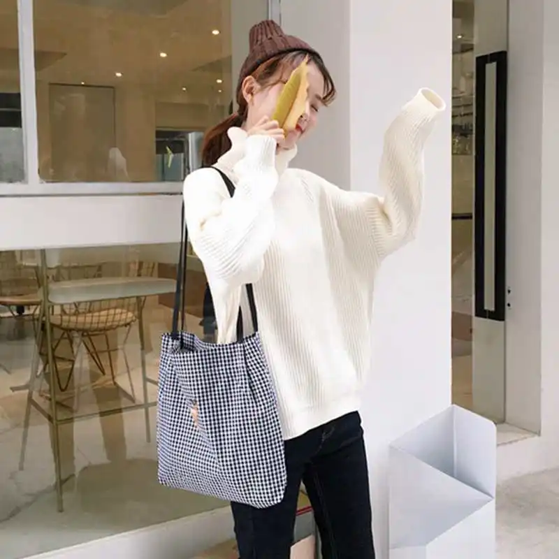 ABDB-Women Canvas Shoulder Bag Black White Plaid Embroidery Ladies Shopping Handbags Totes Cotton Cloth Beach Bags | Багаж и сумки