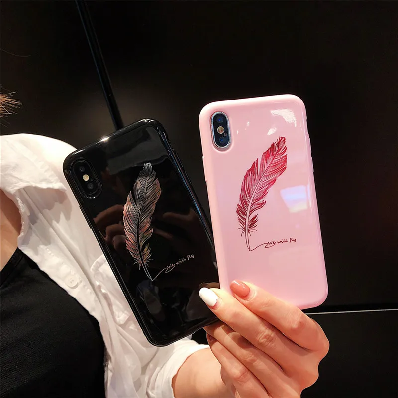 Lovebay Soft TPU Phone Case For iPhone 6 6S 7 8 Plus X XR XS Max Shell Colorful Feathers Cover Capa Black Pink Covers 3D Fashion |
