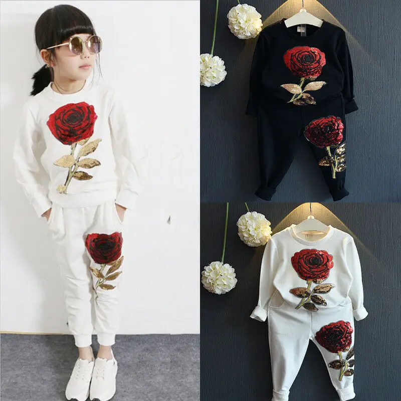 

Pudcoco Girl Set 2Y-7Y US Toddler Girls Rose Flowers Outfits Clothes Long Sleeve T-shirt Tops+Pants Set
