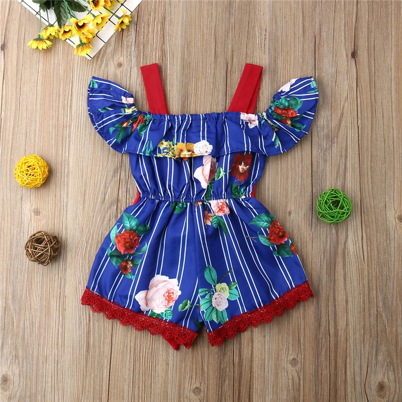 Комбинезон с открытыми плечами и цветочным принтом для маленьких девочек летняя